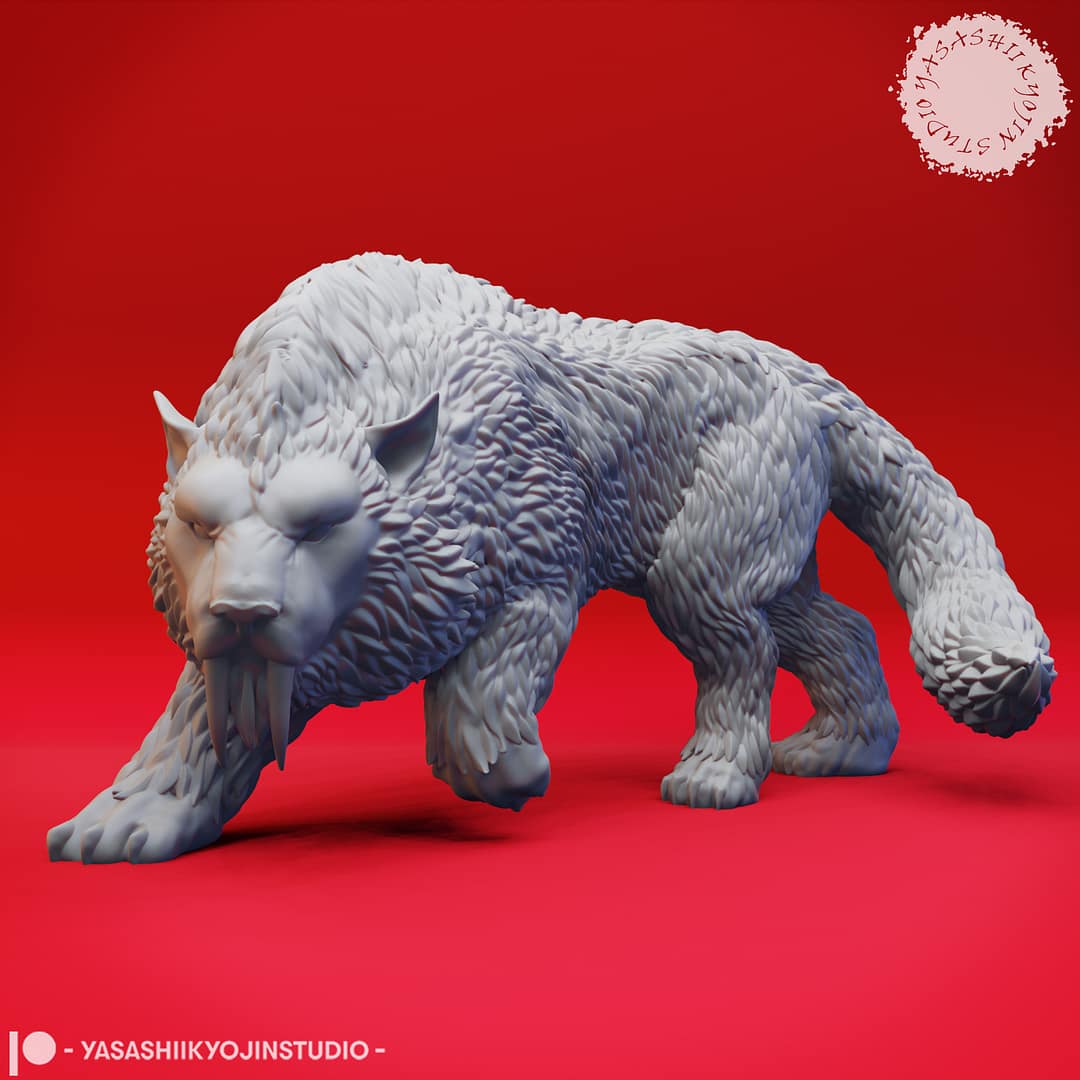 “Crag Cat resin miniature by Yasashii Kyojin Studio, showing a prowling sabretooth-like arctic feline creature on a red background.”