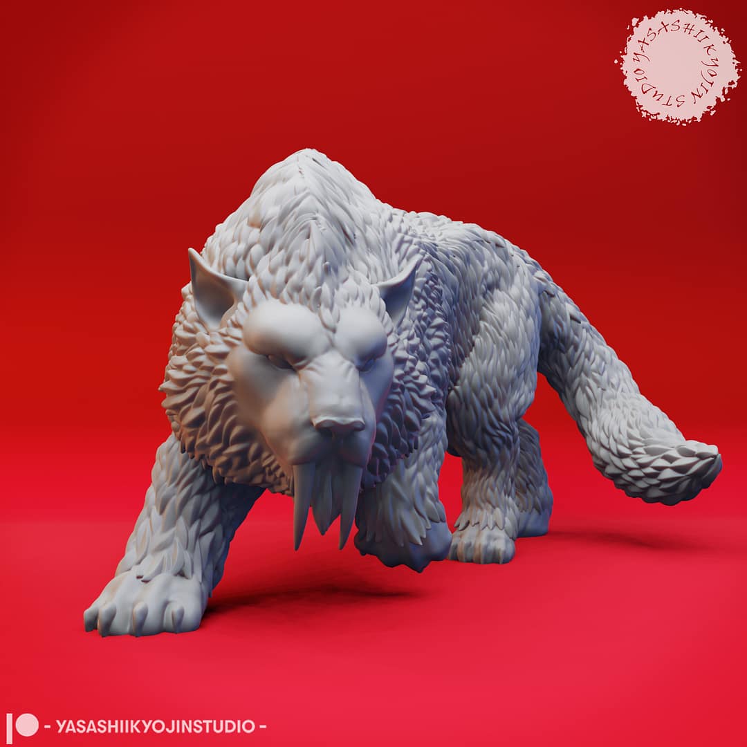“Crag Cat resin miniature by Yasashii Kyojin Studio, showing a prowling sabretooth-like arctic feline creature on a red background.”