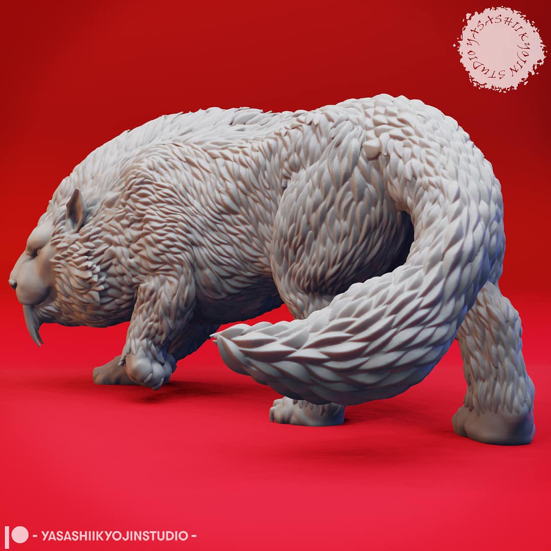 “Crag Cat resin miniature by Yasashii Kyojin Studio, showing a prowling sabretooth-like arctic feline creature on a red background.”