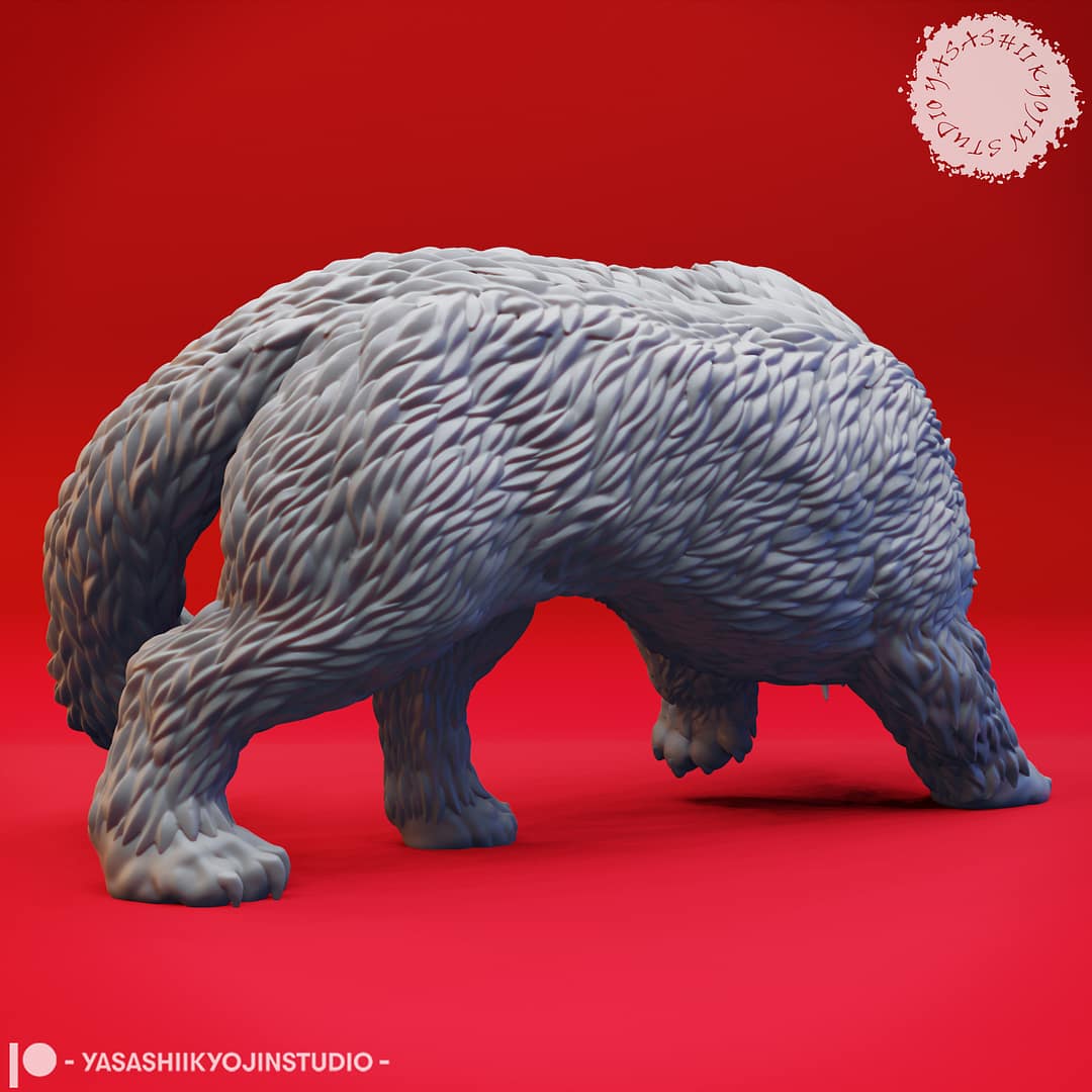 “Crag Cat resin miniature by Yasashii Kyojin Studio, showing a prowling sabretooth-like arctic feline creature on a red background.”
