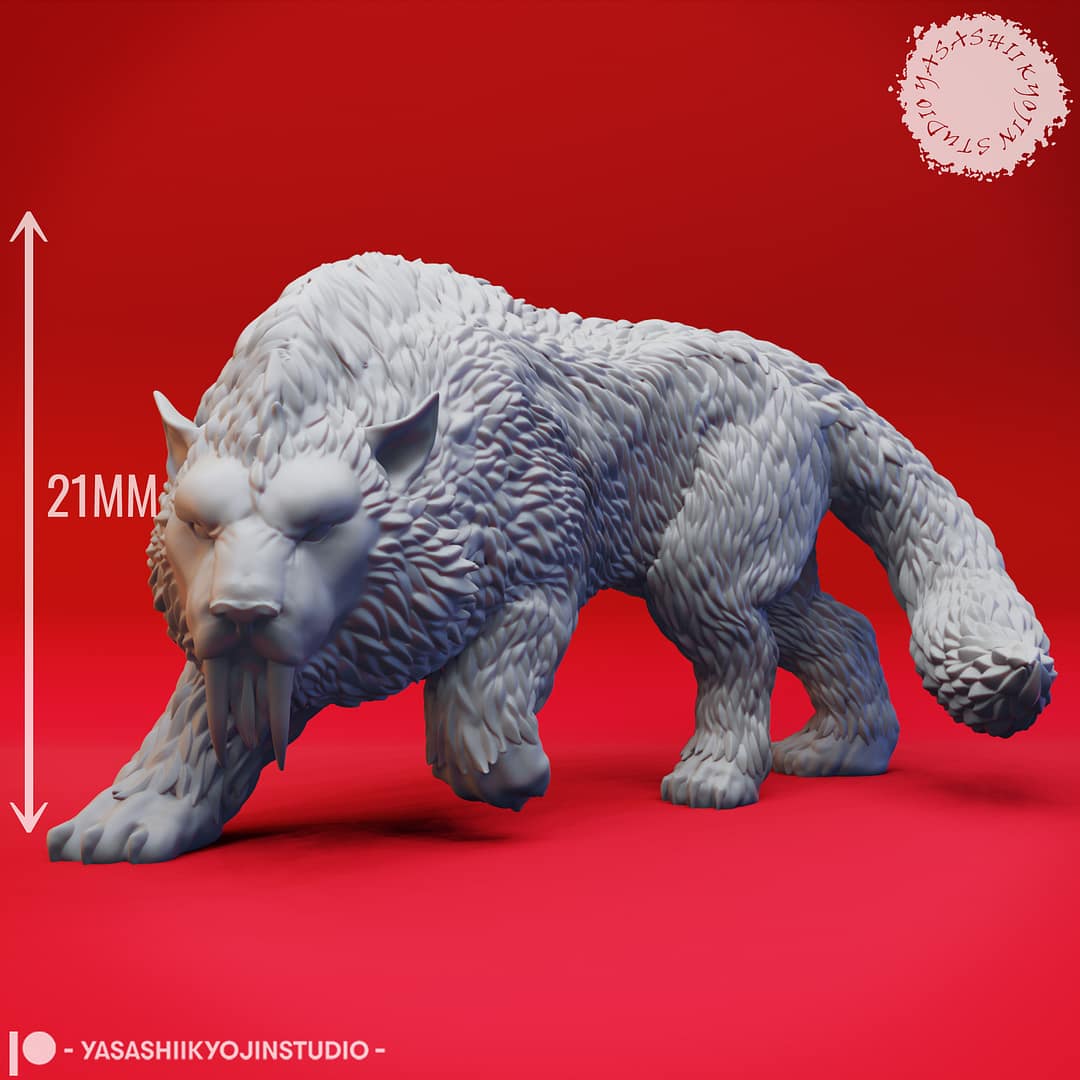 “Crag Cat resin miniature by Yasashii Kyojin Studio, showing a prowling sabretooth-like arctic feline creature on a red background.”