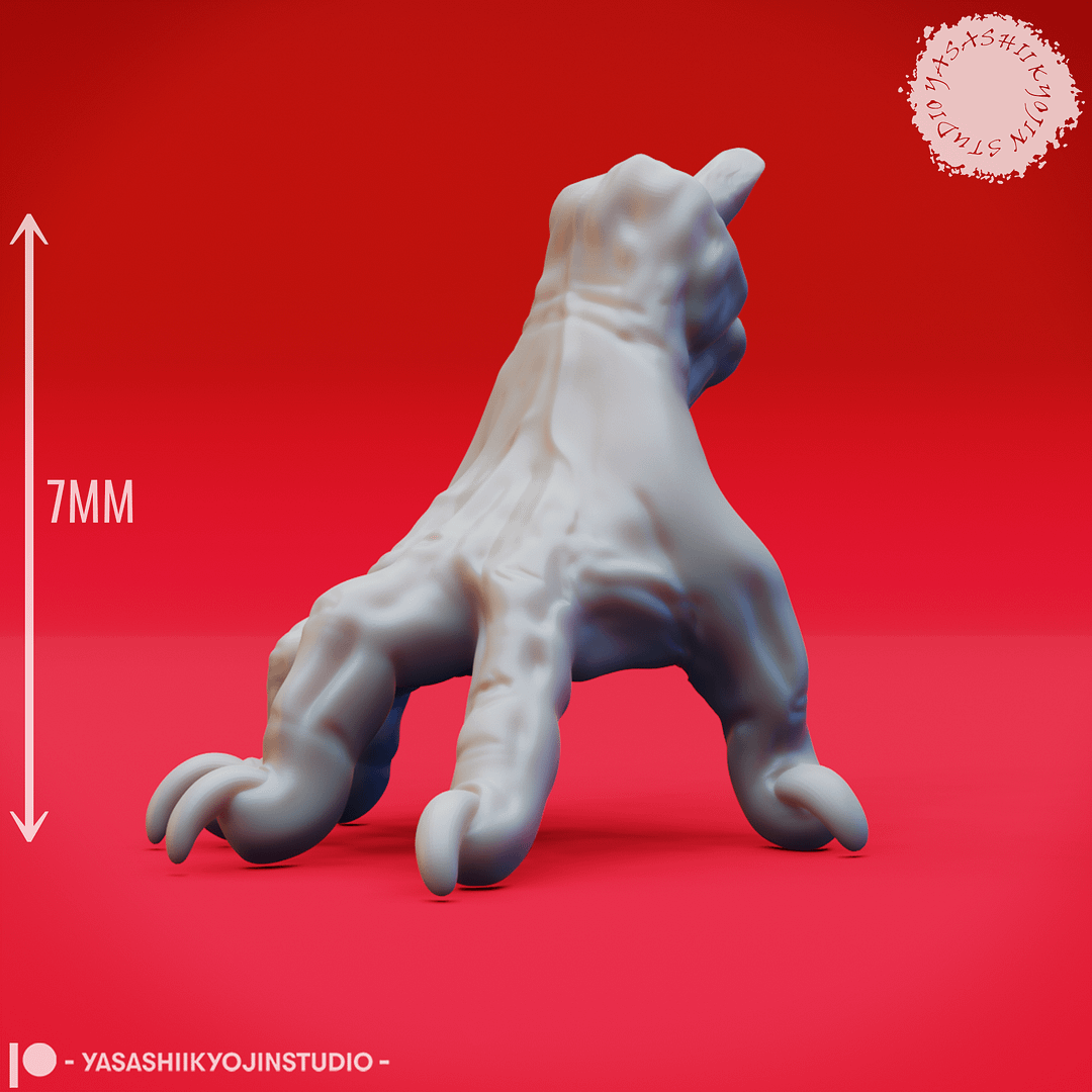 “Dark Fantasy Crawling Claw Miniature set with six poses sculpted by Yasashii Kyojin Studio on red background.”