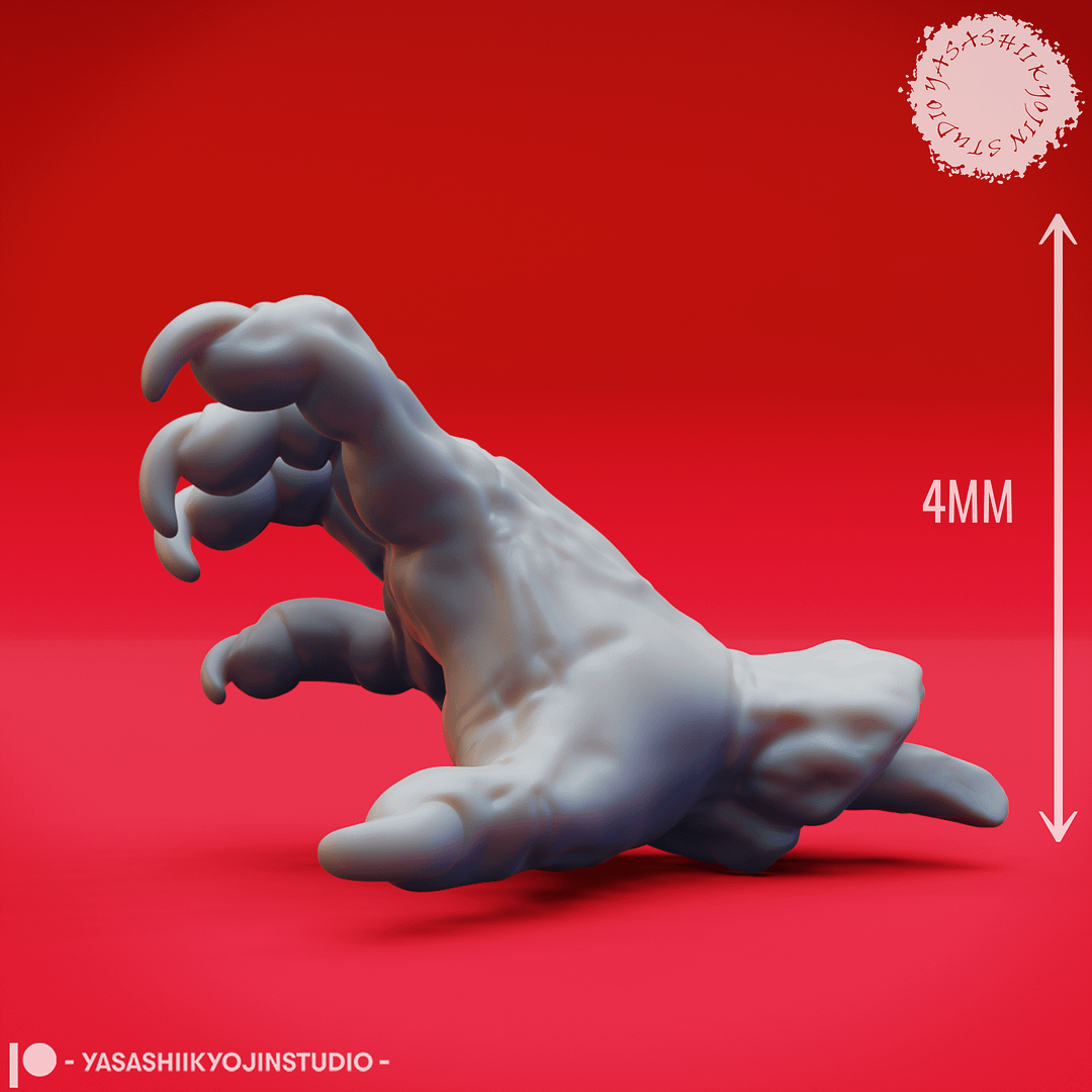 “Dark Fantasy Crawling Claw Miniature set with six poses sculpted by Yasashii Kyojin Studio on red background.”