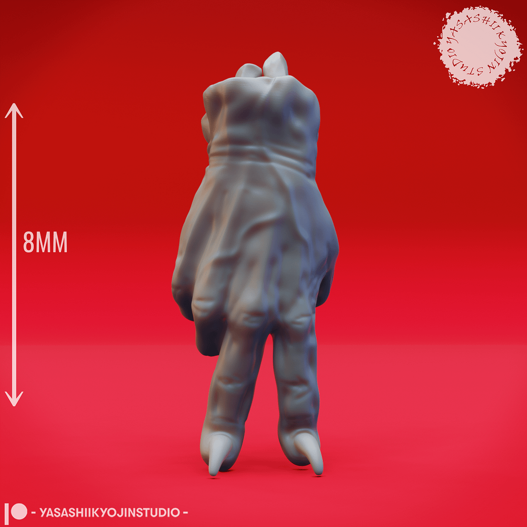 “Dark Fantasy Crawling Claw Miniature set with six poses sculpted by Yasashii Kyojin Studio on red background.”