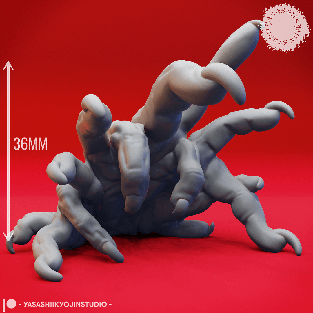 “Dark Fantasy Crawling Claw Miniature set with six poses sculpted by Yasashii Kyojin Studio on red background.”