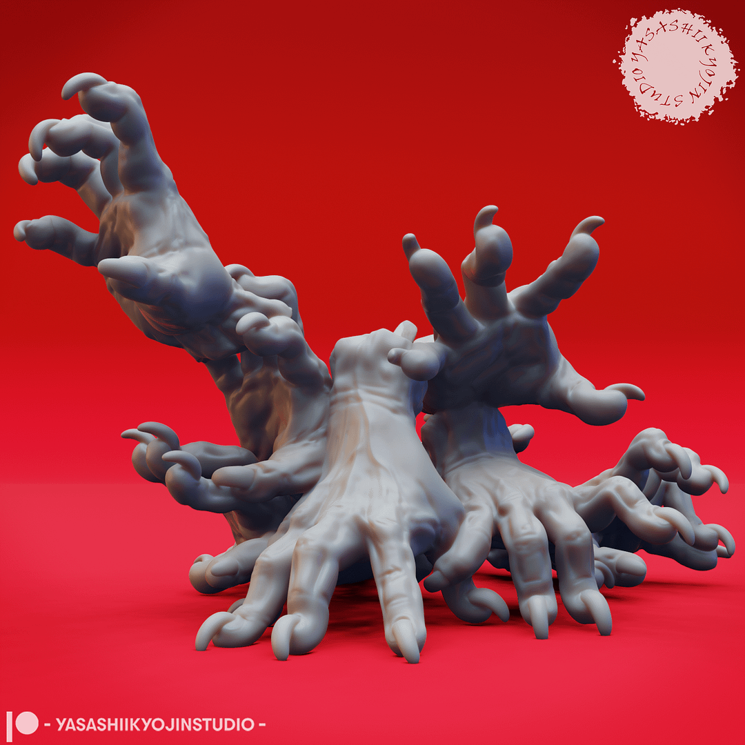 “Dark Fantasy Crawling Claw Miniature set with six poses sculpted by Yasashii Kyojin Studio on red background.”