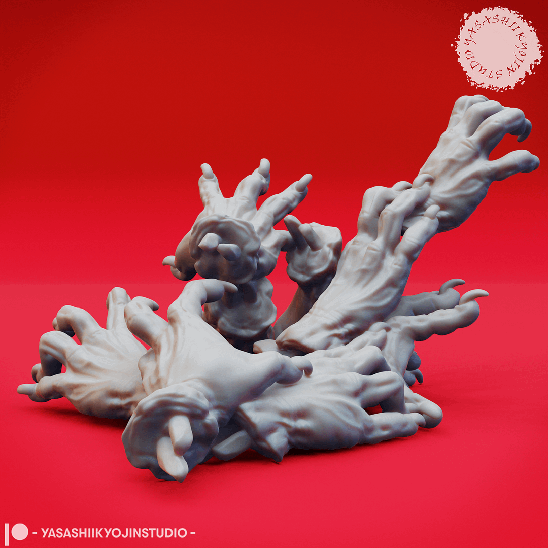 “Dark Fantasy Crawling Claw Miniature set with six poses sculpted by Yasashii Kyojin Studio on red background.”