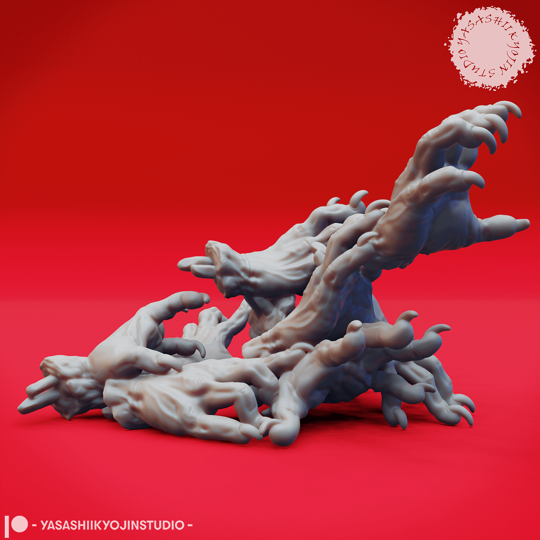 “Dark Fantasy Crawling Claw Miniature set with six poses sculpted by Yasashii Kyojin Studio on red background.”