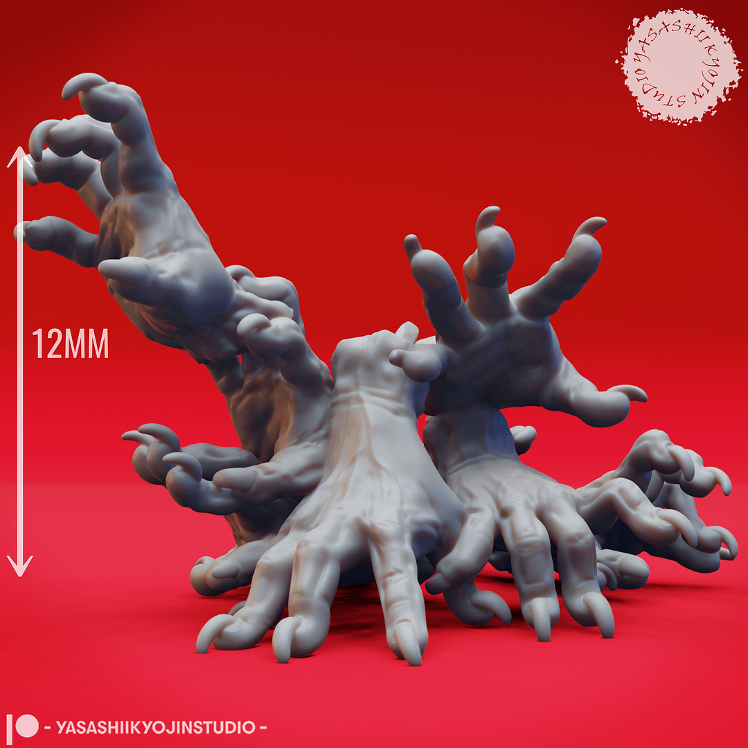 “Dark Fantasy Crawling Claw Miniature set with six poses sculpted by Yasashii Kyojin Studio on red background.”