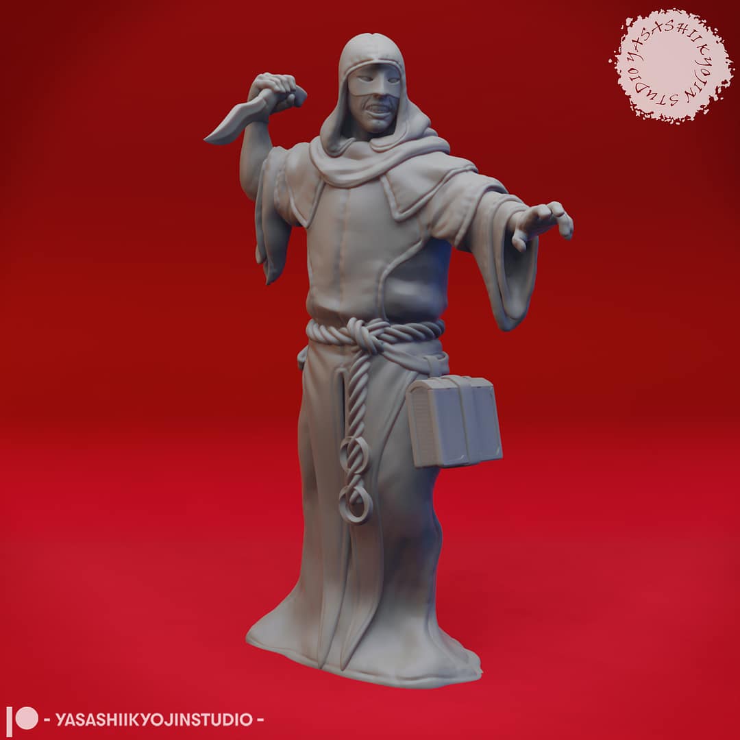 “Cultist resin miniatures by Yasashii Kyojin Studio, featuring four hooded acolytes in attacking, praying, worshipping, and sneaking poses on a red background.”