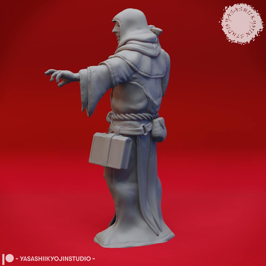 “Cultist resin miniatures by Yasashii Kyojin Studio, featuring four hooded acolytes in attacking, praying, worshipping, and sneaking poses on a red background.”