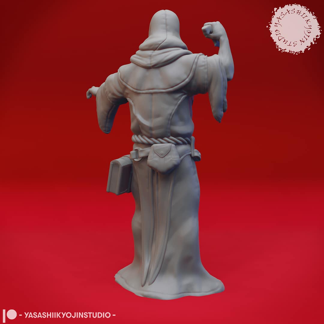 “Cultist resin miniatures by Yasashii Kyojin Studio, featuring four hooded acolytes in attacking, praying, worshipping, and sneaking poses on a red background.”