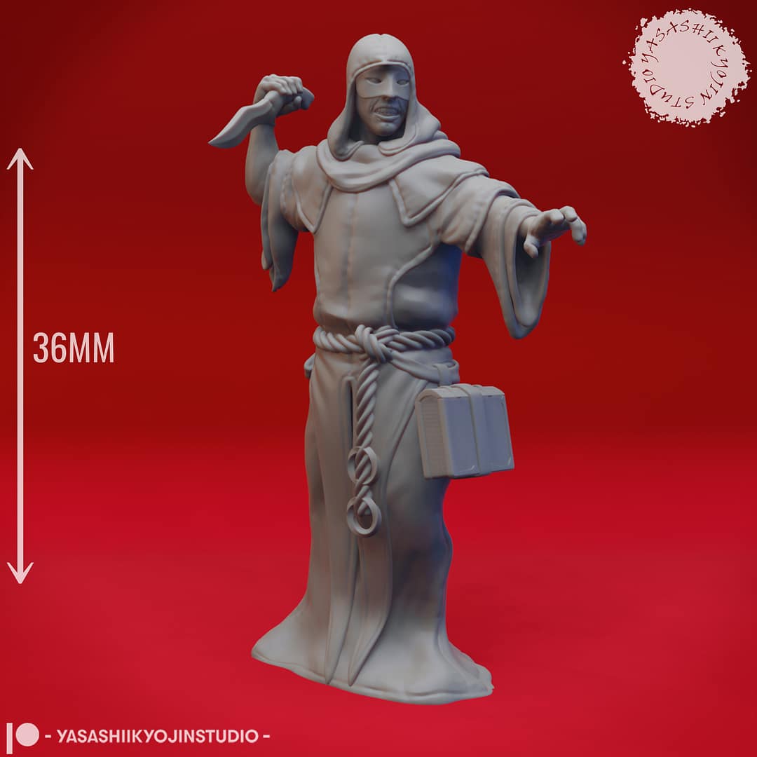 “Cultist resin miniatures by Yasashii Kyojin Studio, featuring four hooded acolytes in attacking, praying, worshipping, and sneaking poses on a red background.”