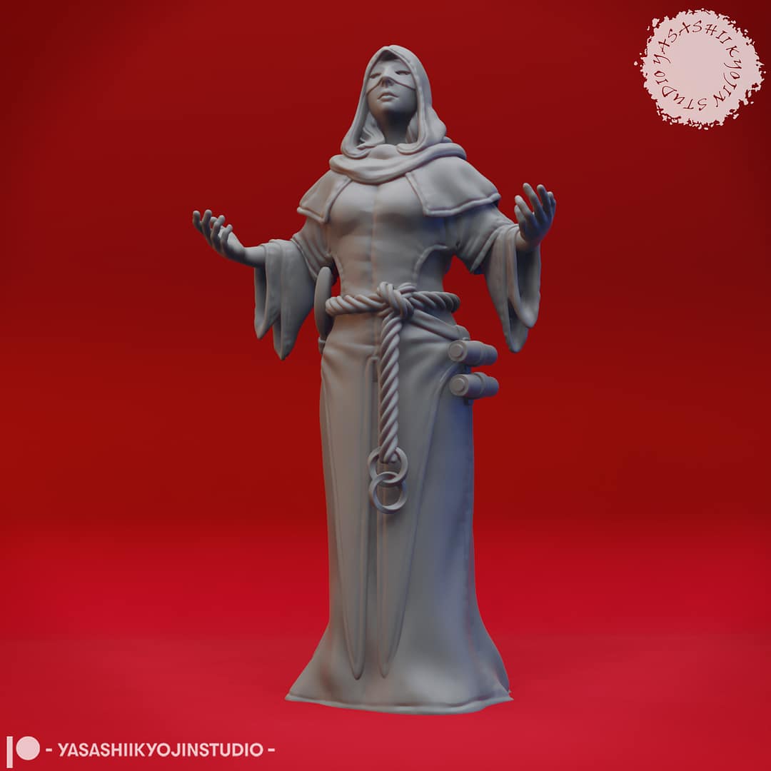 “Cultist resin miniatures by Yasashii Kyojin Studio, featuring four hooded acolytes in attacking, praying, worshipping, and sneaking poses on a red background.”