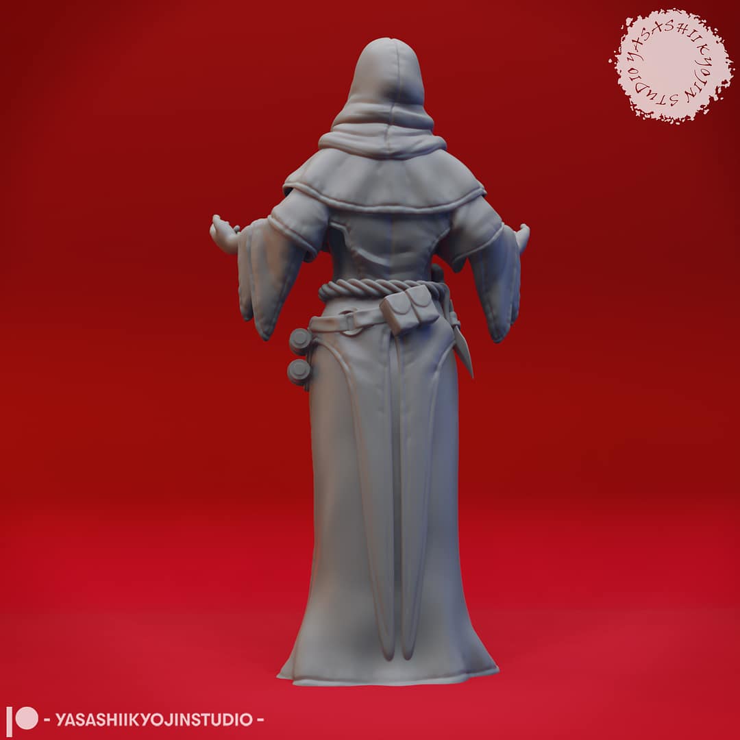 “Cultist resin miniatures by Yasashii Kyojin Studio, featuring four hooded acolytes in attacking, praying, worshipping, and sneaking poses on a red background.”