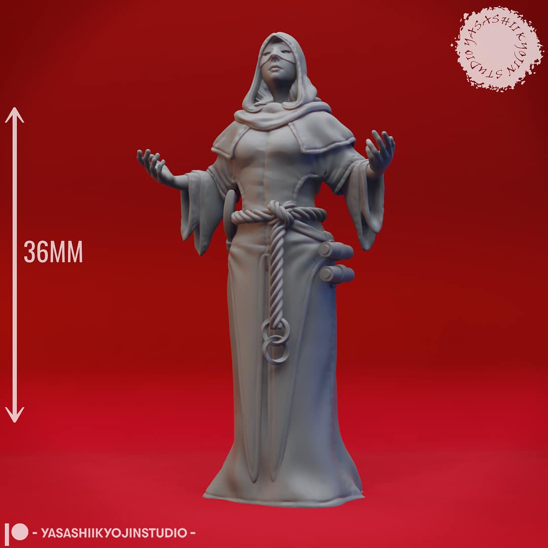 “Cultist resin miniatures by Yasashii Kyojin Studio, featuring four hooded acolytes in attacking, praying, worshipping, and sneaking poses on a red background.”