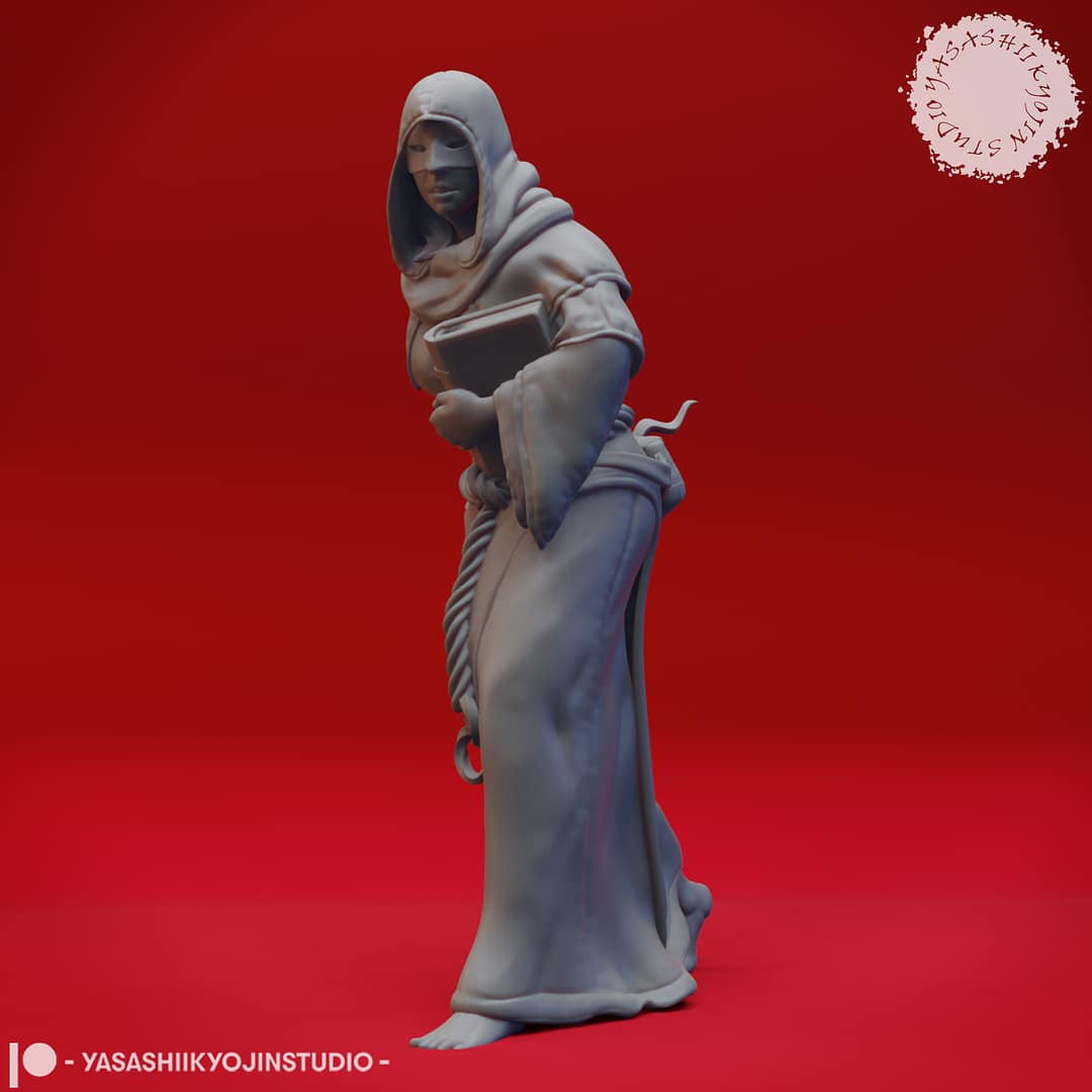 “Cultist resin miniatures by Yasashii Kyojin Studio, featuring four hooded acolytes in attacking, praying, worshipping, and sneaking poses on a red background.”