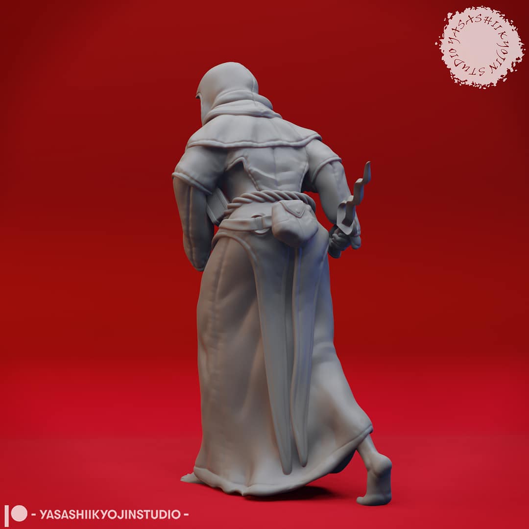 “Cultist resin miniatures by Yasashii Kyojin Studio, featuring four hooded acolytes in attacking, praying, worshipping, and sneaking poses on a red background.”