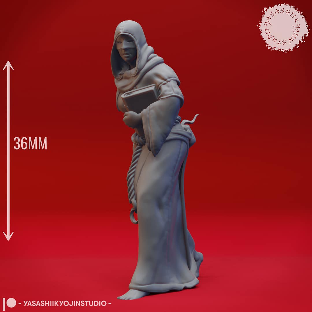“Cultist resin miniatures by Yasashii Kyojin Studio, featuring four hooded acolytes in attacking, praying, worshipping, and sneaking poses on a red background.”