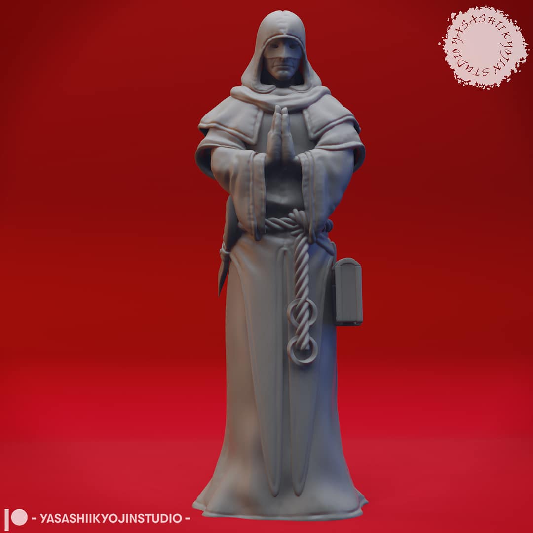 “Cultist resin miniatures by Yasashii Kyojin Studio, featuring four hooded acolytes in attacking, praying, worshipping, and sneaking poses on a red background.”