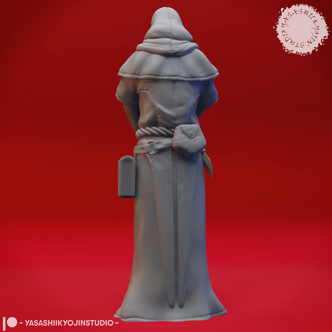 “Cultist resin miniatures by Yasashii Kyojin Studio, featuring four hooded acolytes in attacking, praying, worshipping, and sneaking poses on a red background.”