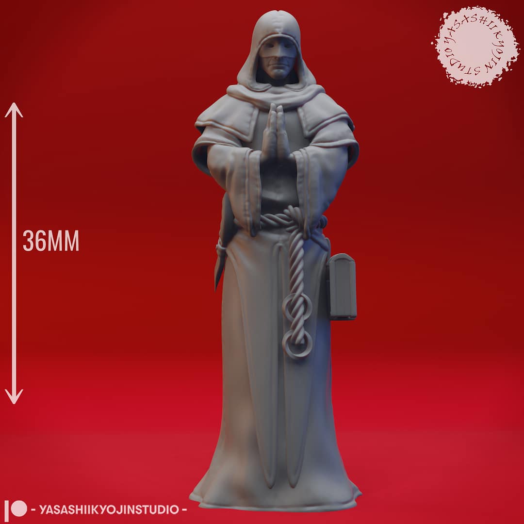 “Cultist resin miniatures by Yasashii Kyojin Studio, featuring four hooded acolytes in attacking, praying, worshipping, and sneaking poses on a red background.”