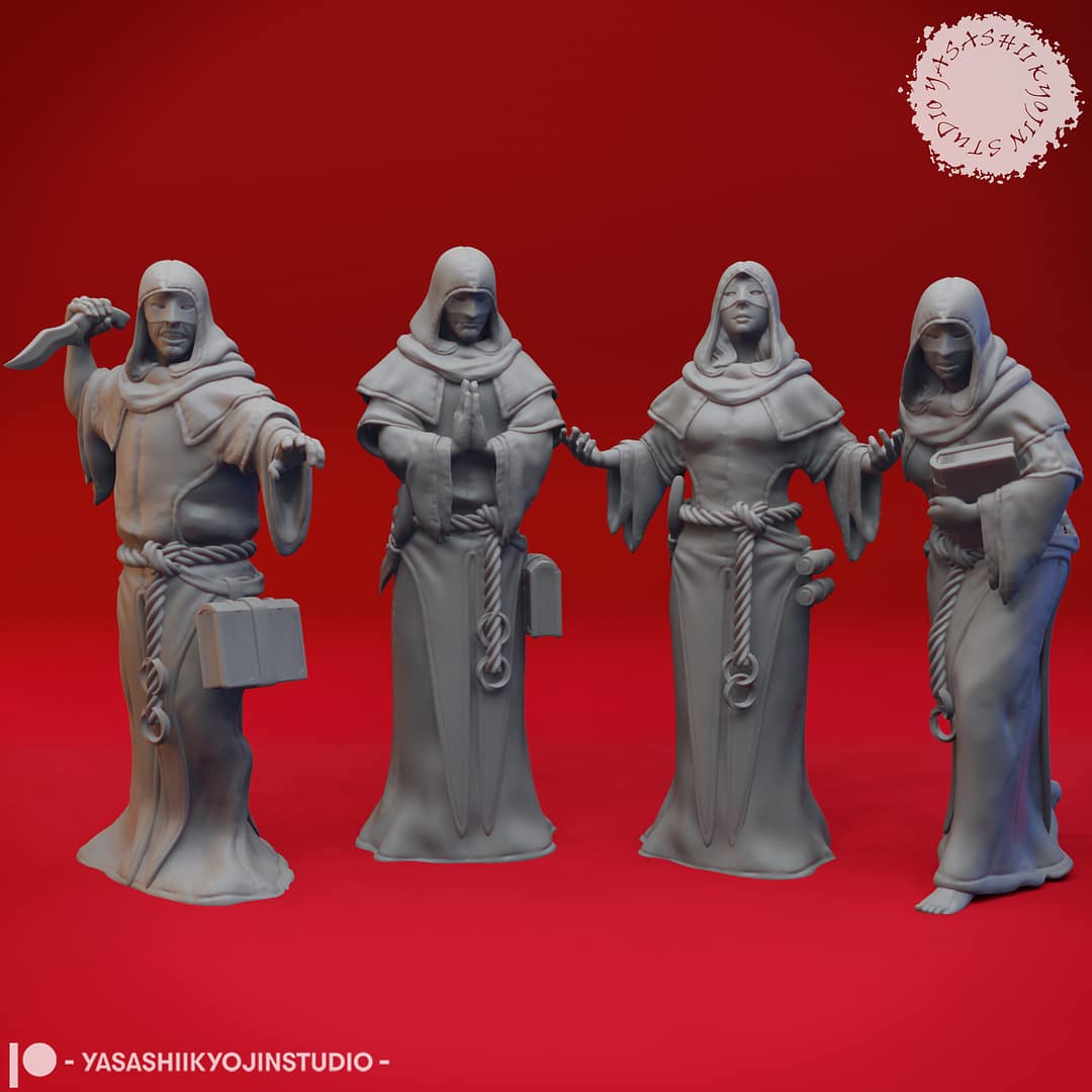 “Cultist resin miniatures by Yasashii Kyojin Studio, featuring four hooded acolytes in attacking, praying, worshipping, and sneaking poses on a red background.”