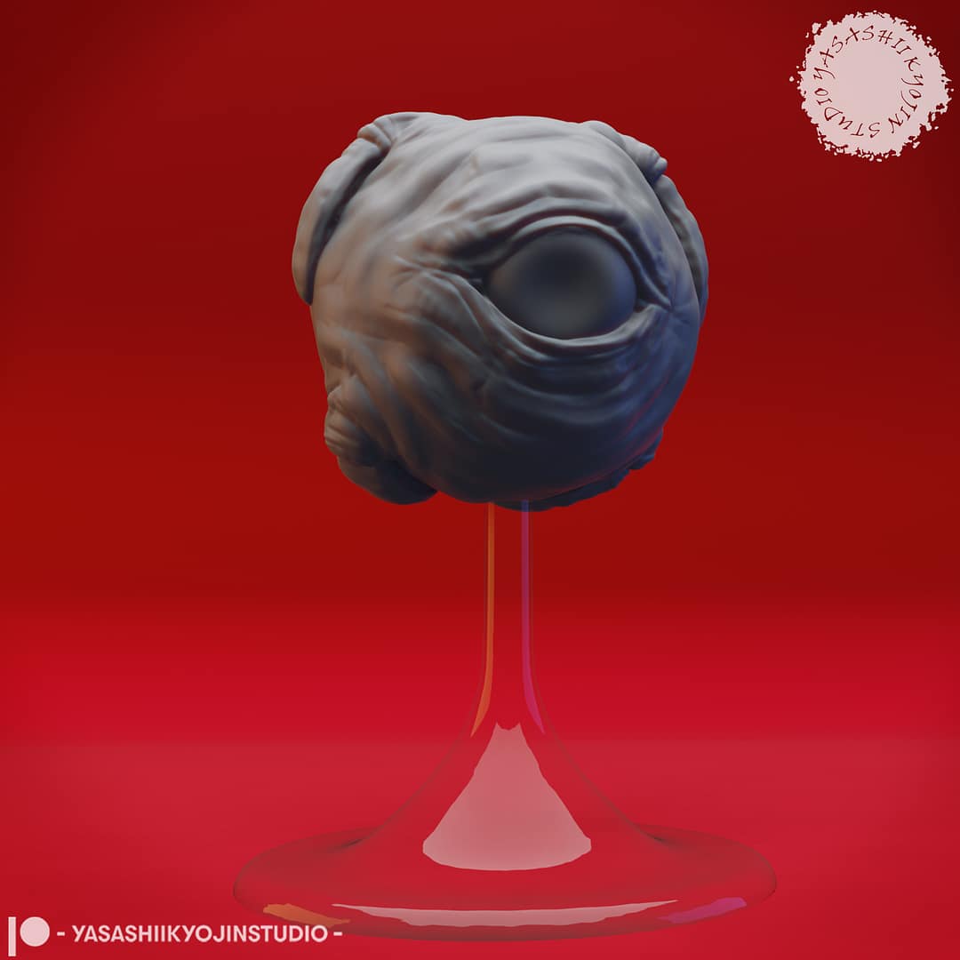 “Death Kiss resin miniature by Yasashii Kyojin Studio, featuring a floating beholderkin aberration with long tentacles displayed on a stand against a red background.”