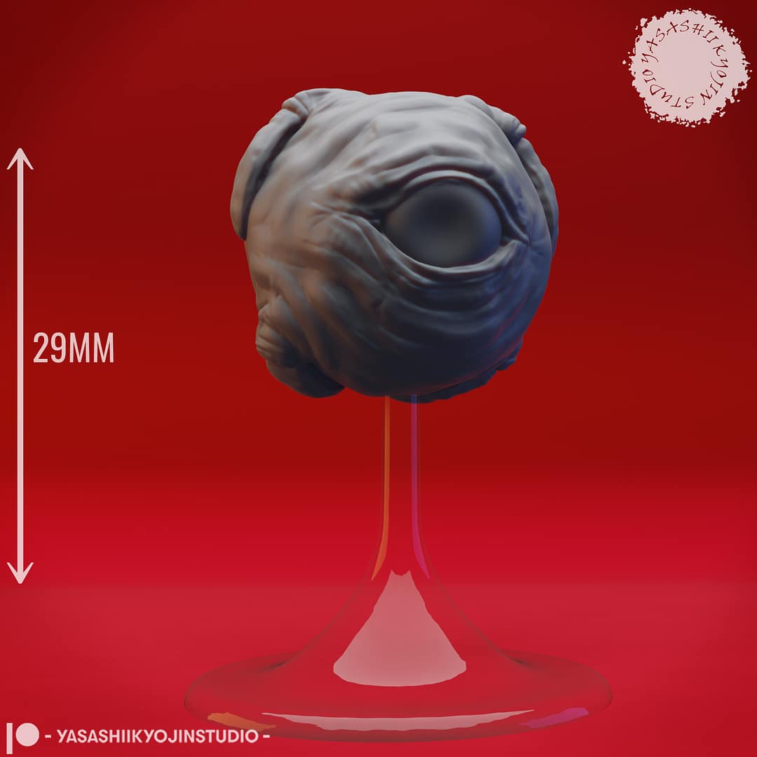 “Death Kiss resin miniature by Yasashii Kyojin Studio, featuring a floating beholderkin aberration with long tentacles displayed on a stand against a red background.”