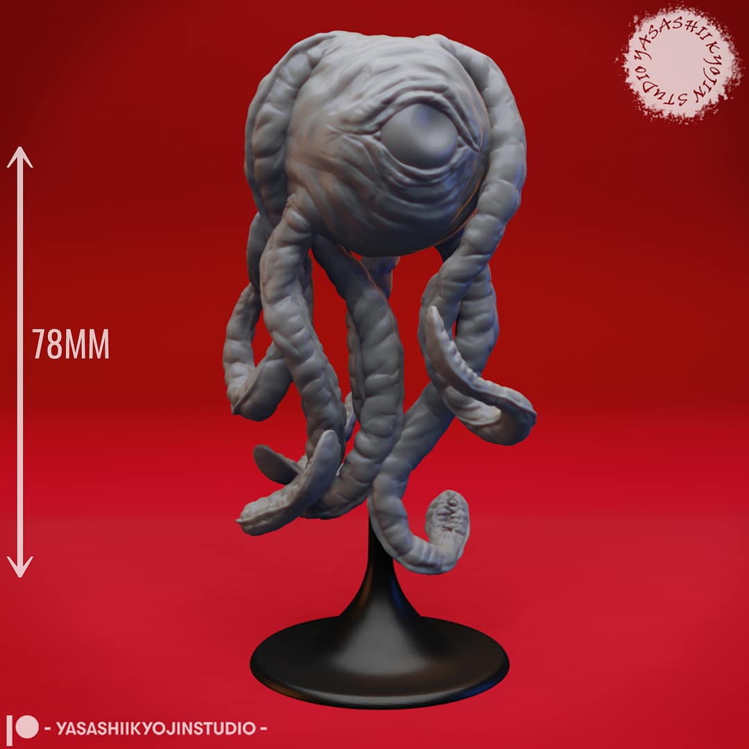 “Death Kiss resin miniature by Yasashii Kyojin Studio, featuring a floating beholderkin aberration with long tentacles displayed on a stand against a red background.”