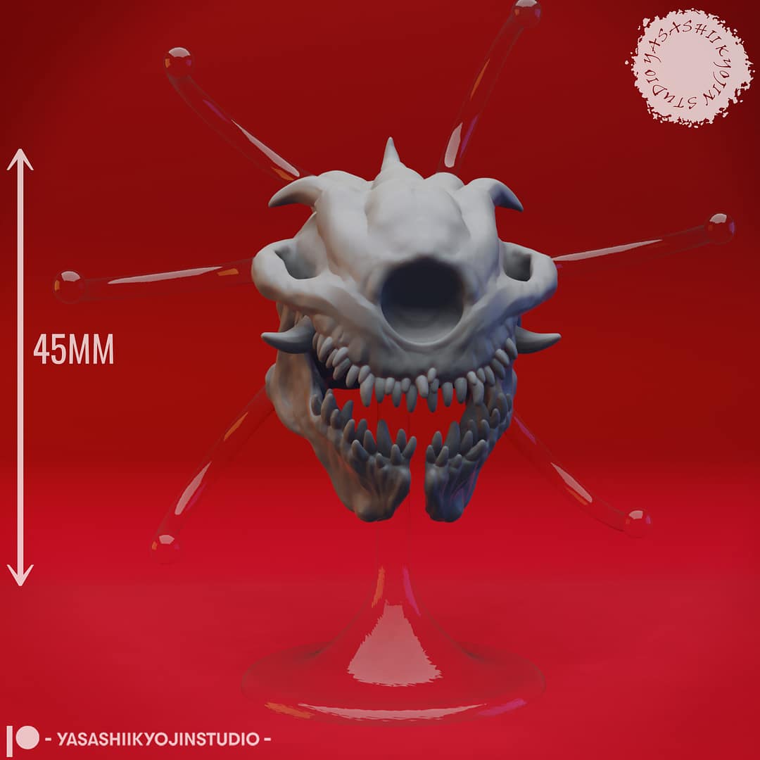 “Death Tyrant resin miniature by Yasashii Kyojin Studio, showing an undead beholder skull with spectral eye stalks and fanged jaw floating on a clear stand against a red background.”