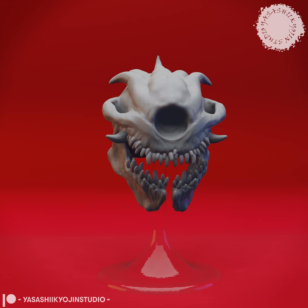 “Death Tyrant resin miniature by Yasashii Kyojin Studio, showing an undead beholder skull with spectral eye stalks and fanged jaw floating on a clear stand against a red background.”