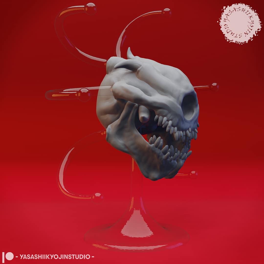 “Death Tyrant resin miniature by Yasashii Kyojin Studio, showing an undead beholder skull with spectral eye stalks and fanged jaw floating on a clear stand against a red background.”