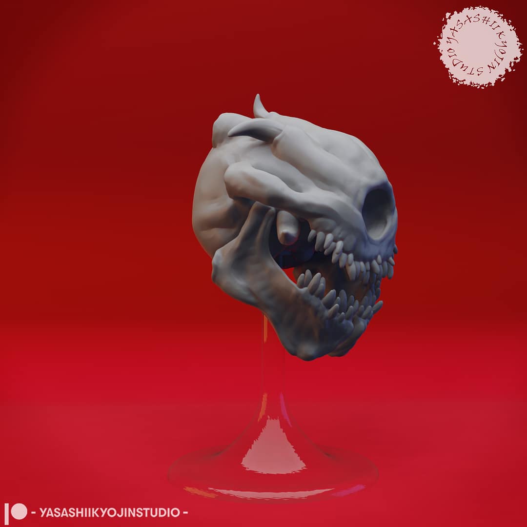 “Death Tyrant resin miniature by Yasashii Kyojin Studio, showing an undead beholder skull with spectral eye stalks and fanged jaw floating on a clear stand against a red background.”