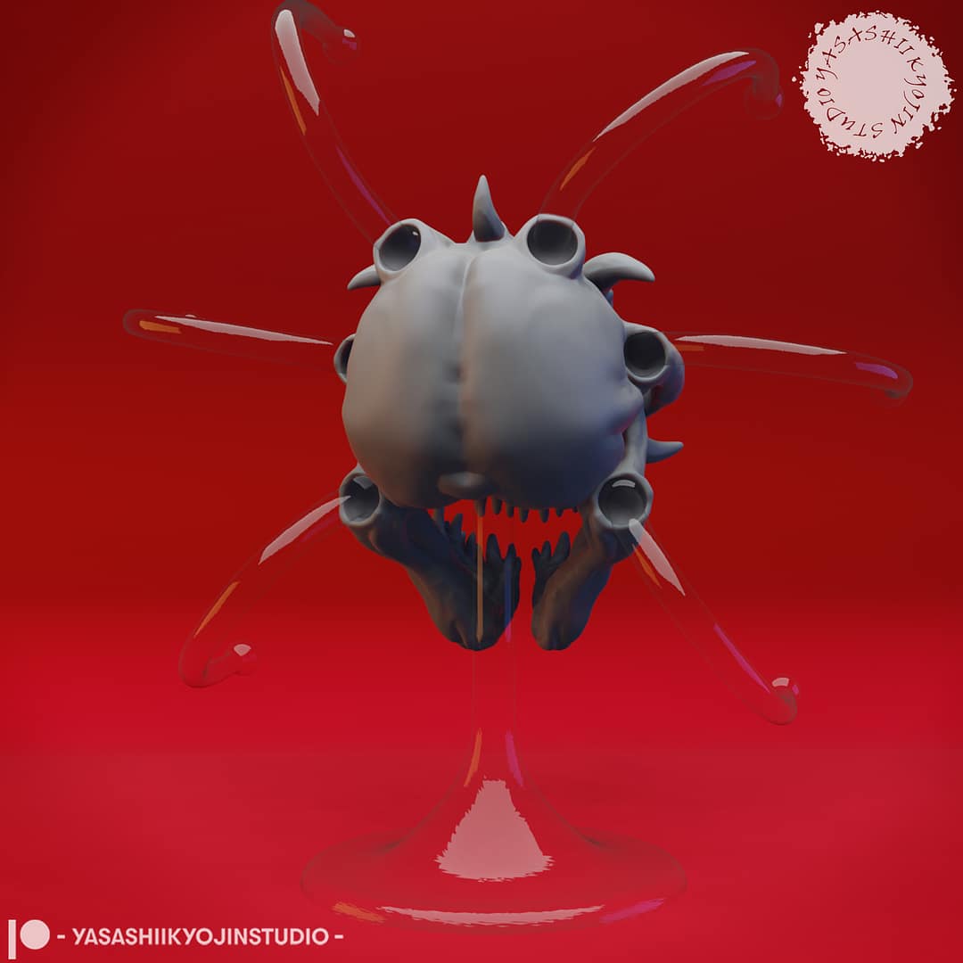 “Death Tyrant resin miniature by Yasashii Kyojin Studio, showing an undead beholder skull with spectral eye stalks and fanged jaw floating on a clear stand against a red background.”