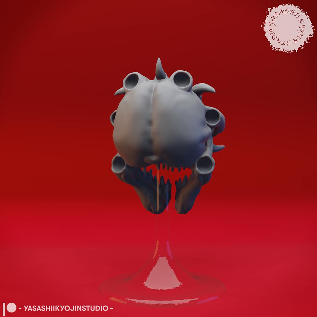 “Death Tyrant resin miniature by Yasashii Kyojin Studio, showing an undead beholder skull with spectral eye stalks and fanged jaw floating on a clear stand against a red background.”