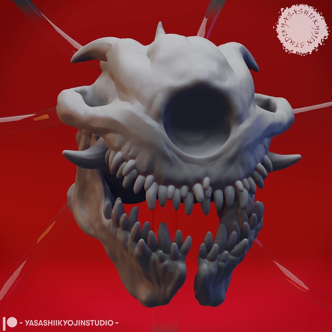 “Death Tyrant resin miniature by Yasashii Kyojin Studio, showing an undead beholder skull with spectral eye stalks and fanged jaw floating on a clear stand against a red background.”