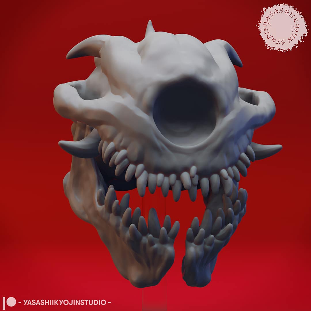 “Death Tyrant resin miniature by Yasashii Kyojin Studio, showing an undead beholder skull with spectral eye stalks and fanged jaw floating on a clear stand against a red background.”