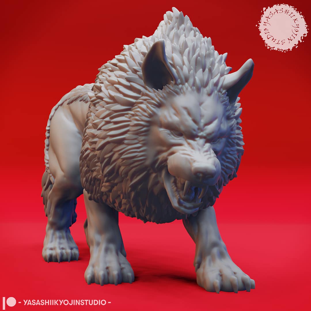 “Epic Dire Wolf Resin Miniature 32mm 54mm set featuring Charging and Snarling poses by Yasashii kyojin Studio on a red background.”