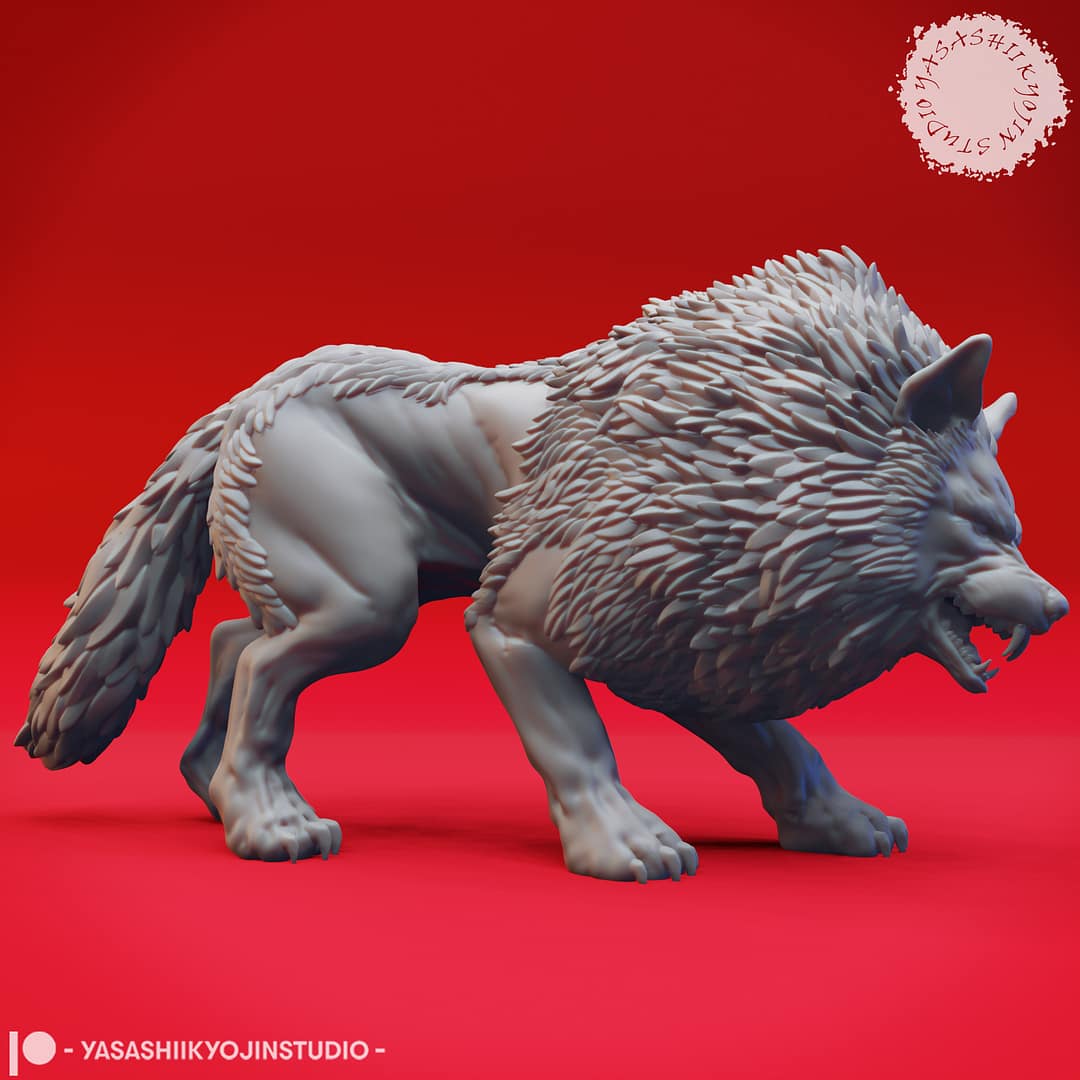 “Epic Dire Wolf Resin Miniature 32mm 54mm set featuring Charging and Snarling poses by Yasashii kyojin Studio on a red background.”