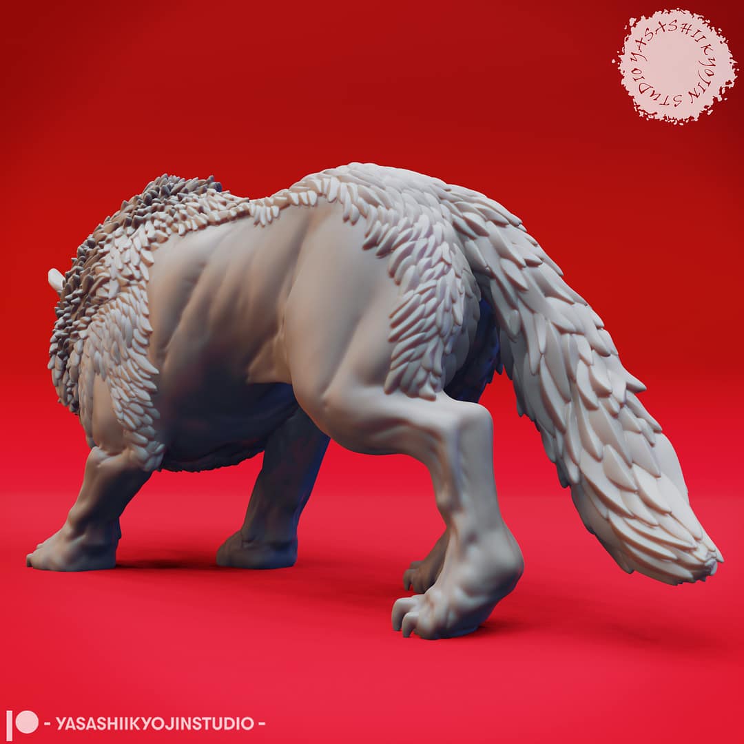 “Epic Dire Wolf Resin Miniature 32mm 54mm set featuring Charging and Snarling poses by Yasashii kyojin Studio on a red background.”