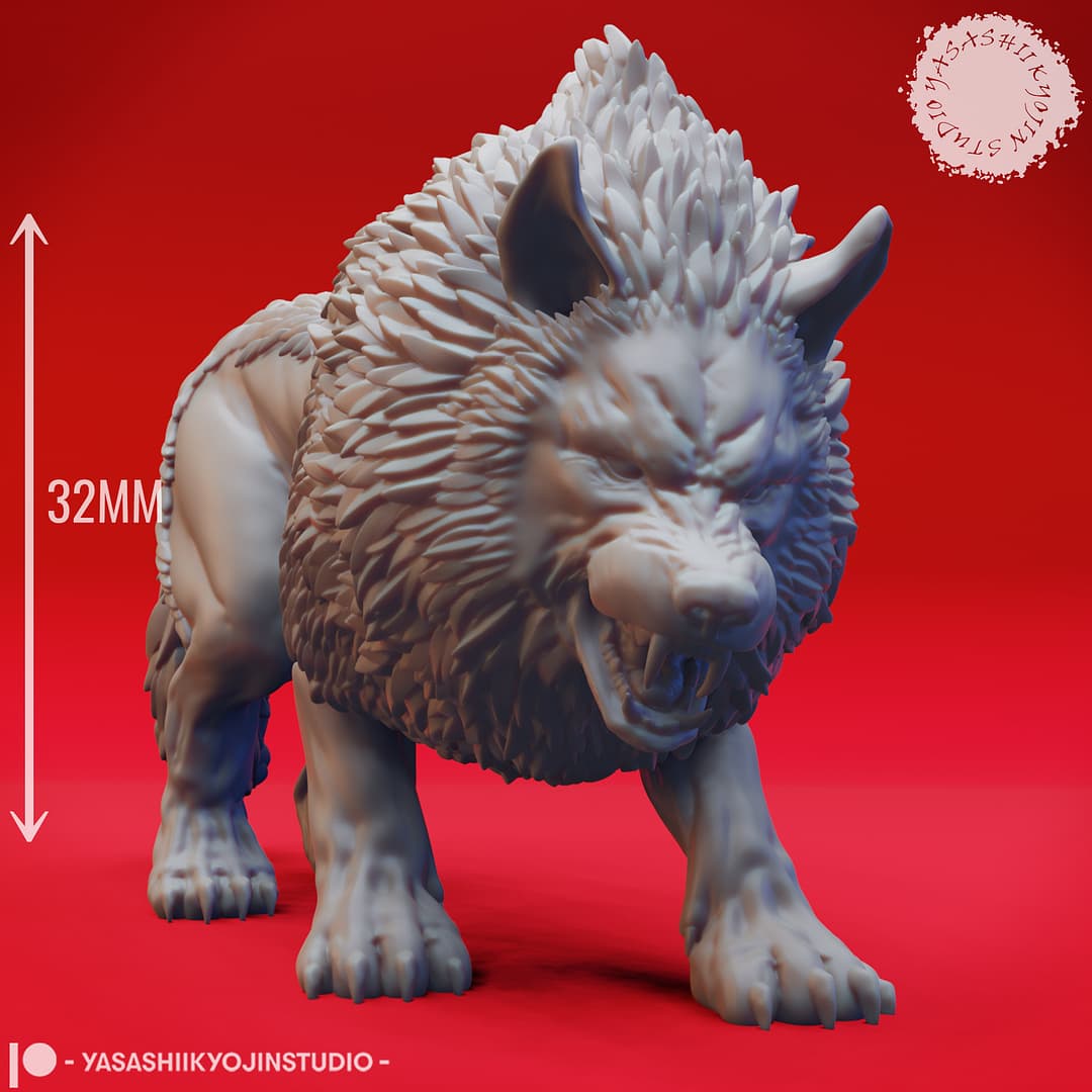 “Epic Dire Wolf Resin Miniature 32mm 54mm set featuring Charging and Snarling poses by Yasashii kyojin Studio on a red background.”
