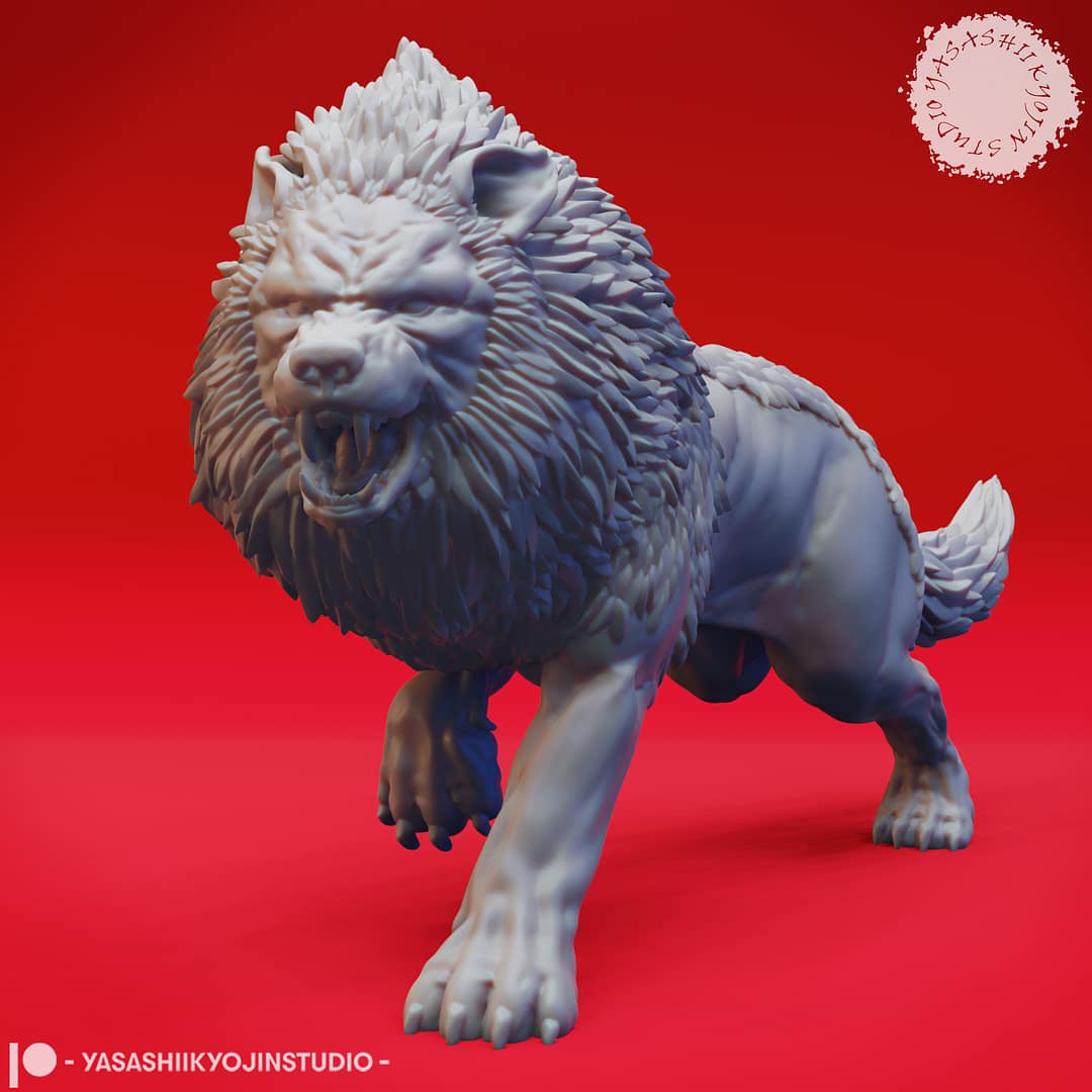 “Epic Dire Wolf Resin Miniature 32mm 54mm set featuring Charging and Snarling poses by Yasashii kyojin Studio on a red background.”