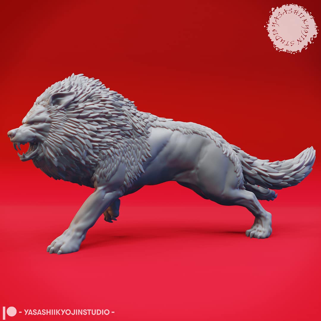 “Epic Dire Wolf Resin Miniature 32mm 54mm set featuring Charging and Snarling poses by Yasashii kyojin Studio on a red background.”
