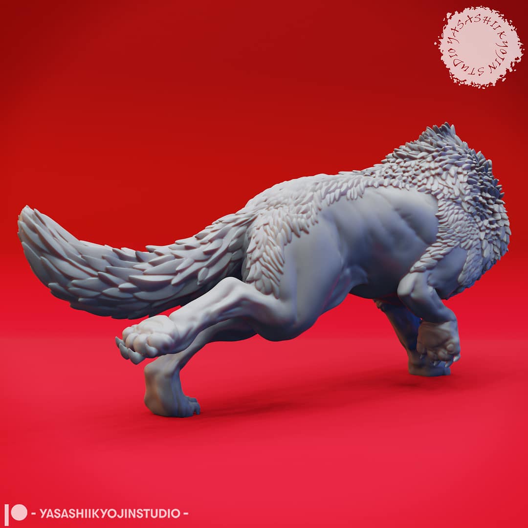 “Epic Dire Wolf Resin Miniature 32mm 54mm set featuring Charging and Snarling poses by Yasashii kyojin Studio on a red background.”