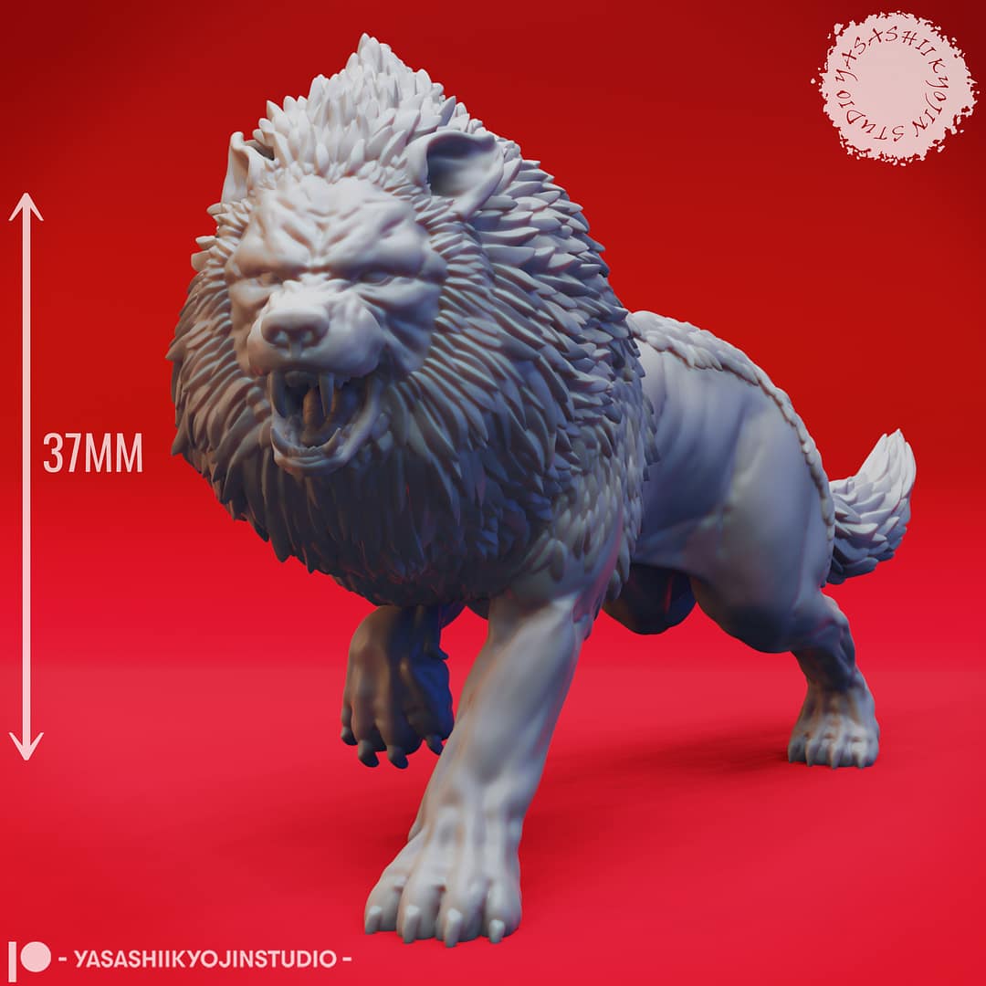 “Epic Dire Wolf Resin Miniature 32mm 54mm set featuring Charging and Snarling poses by Yasashii kyojin Studio on a red background.”