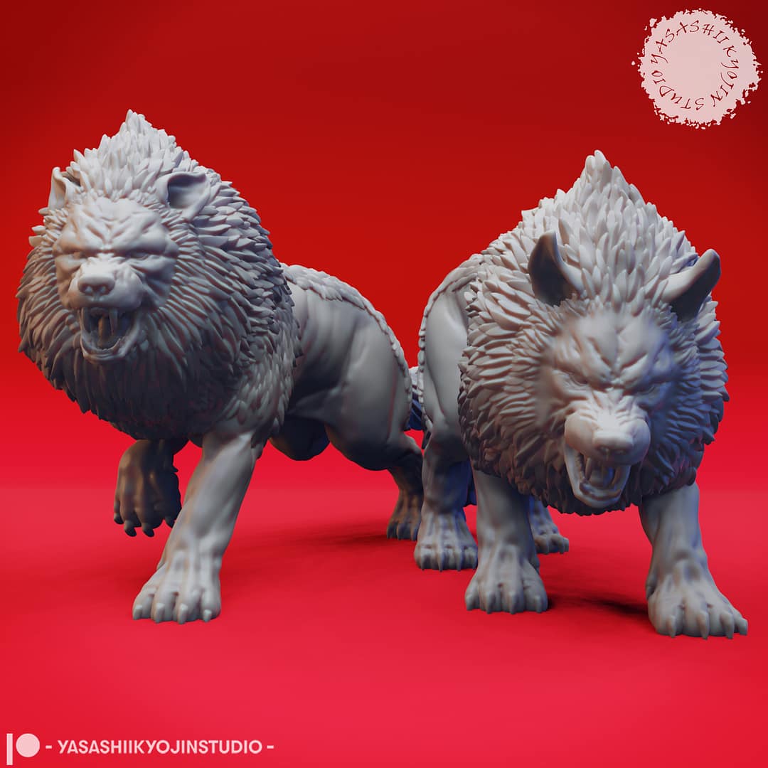 “Epic Dire Wolf Resin Miniature 32mm 54mm set featuring Charging and Snarling poses by Yasashii kyojin Studio on a red background.”