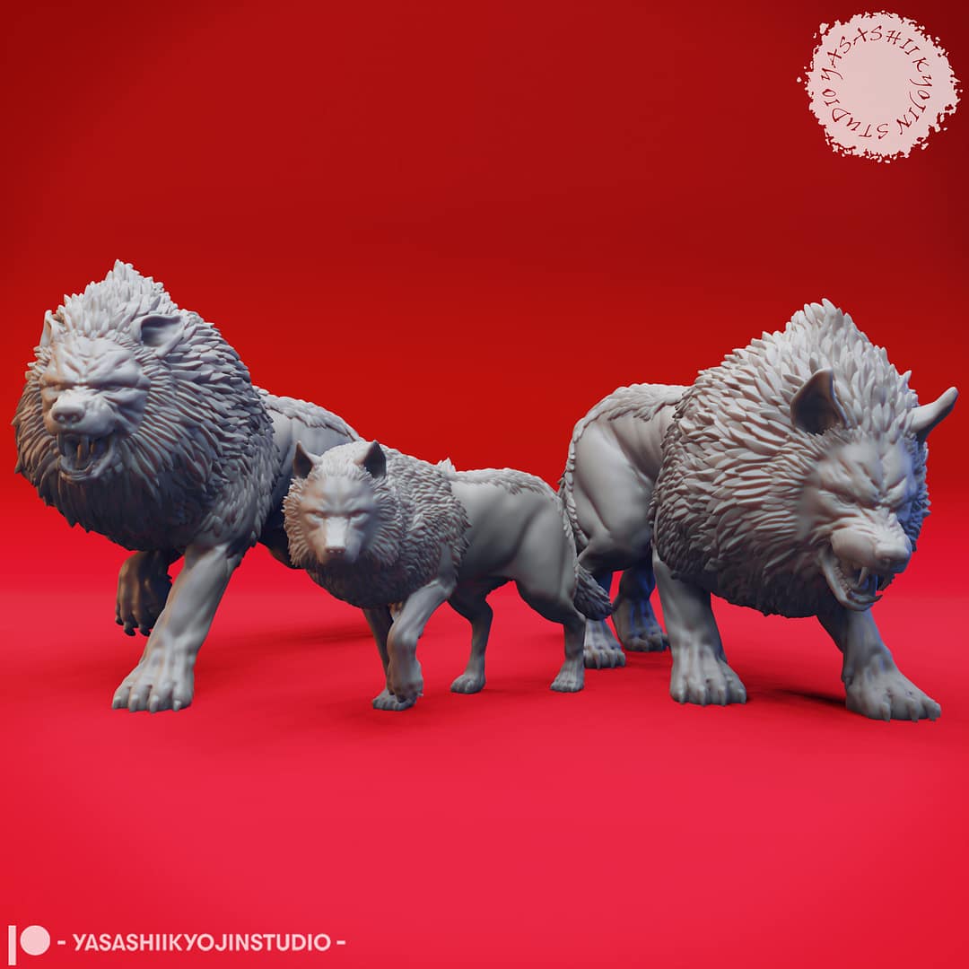 “Epic Dire Wolf Resin Miniature 32mm 54mm set featuring Charging and Snarling poses by Yasashii kyojin Studio on a red background.”