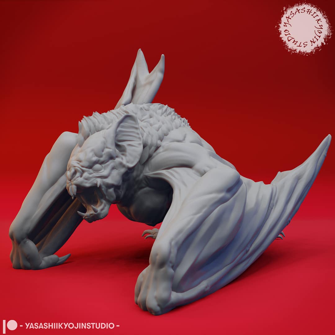 “Savage Dire Bat Resin Miniature in Swooping pose sculpted by Yasashii Kyojin Studio.”