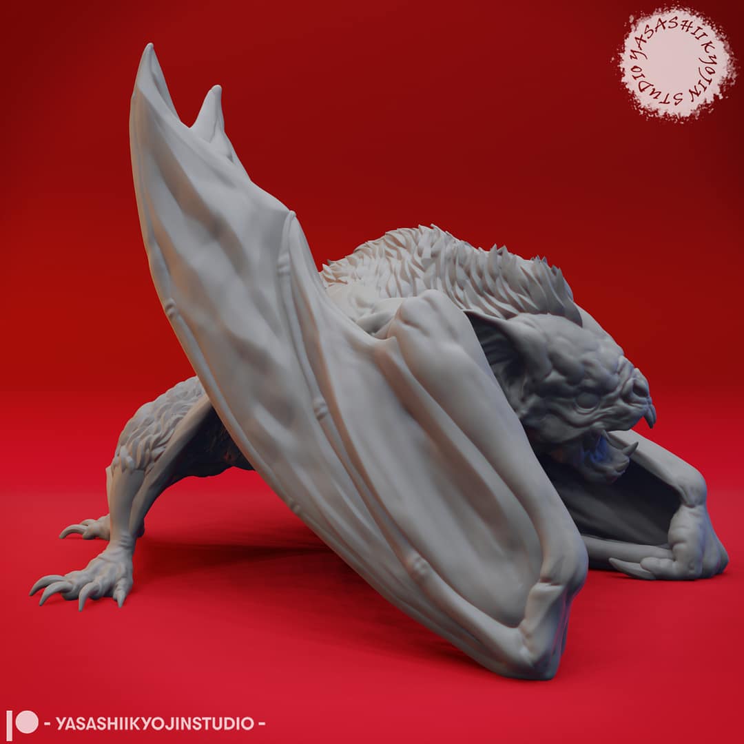 “Savage Dire Bat Resin Miniature in Swooping pose sculpted by Yasashii Kyojin Studio.”